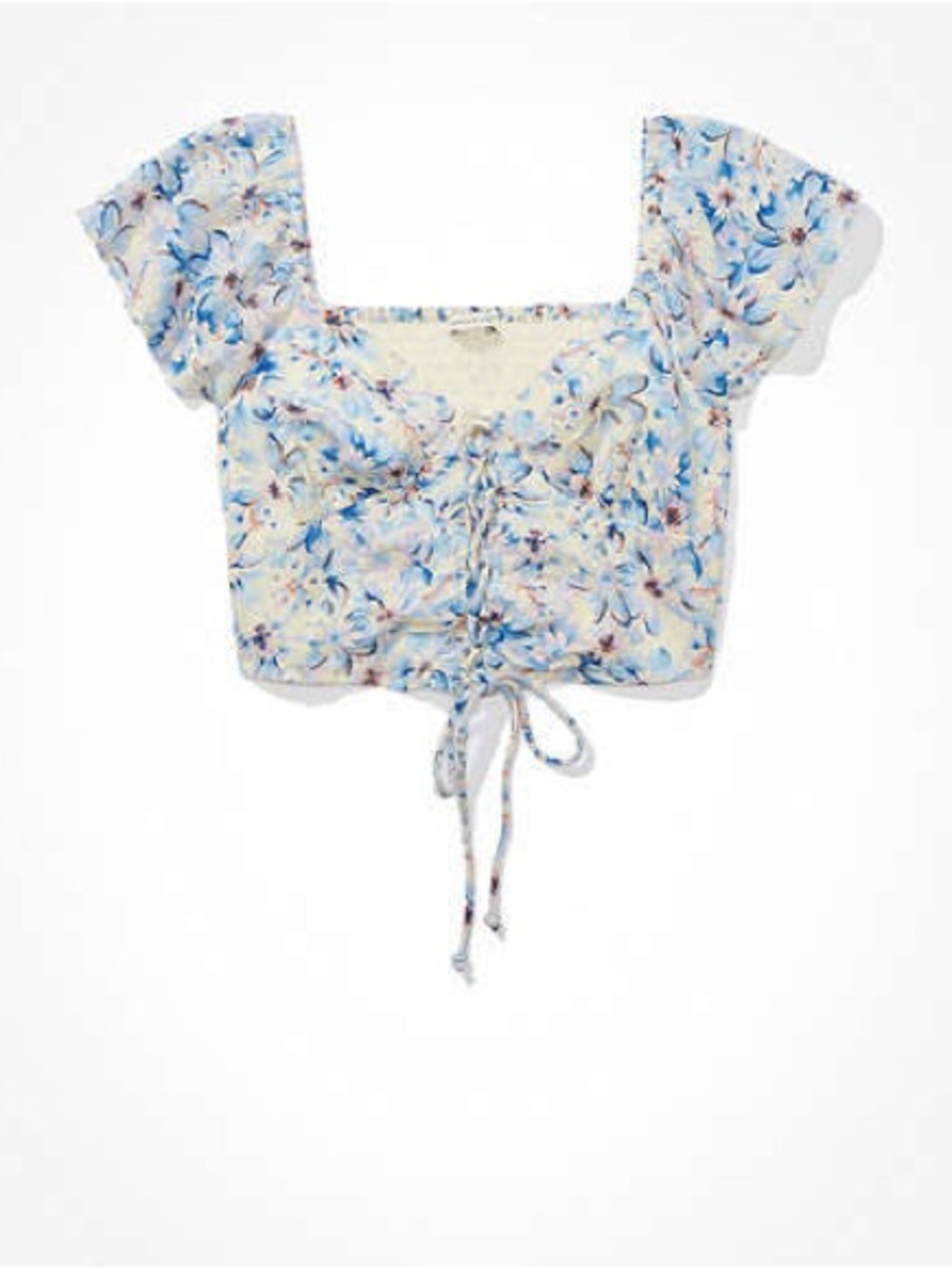 NWT American Eagle Cropped  Blue Floral Ruched Flutter Romantic Top Sz S/P